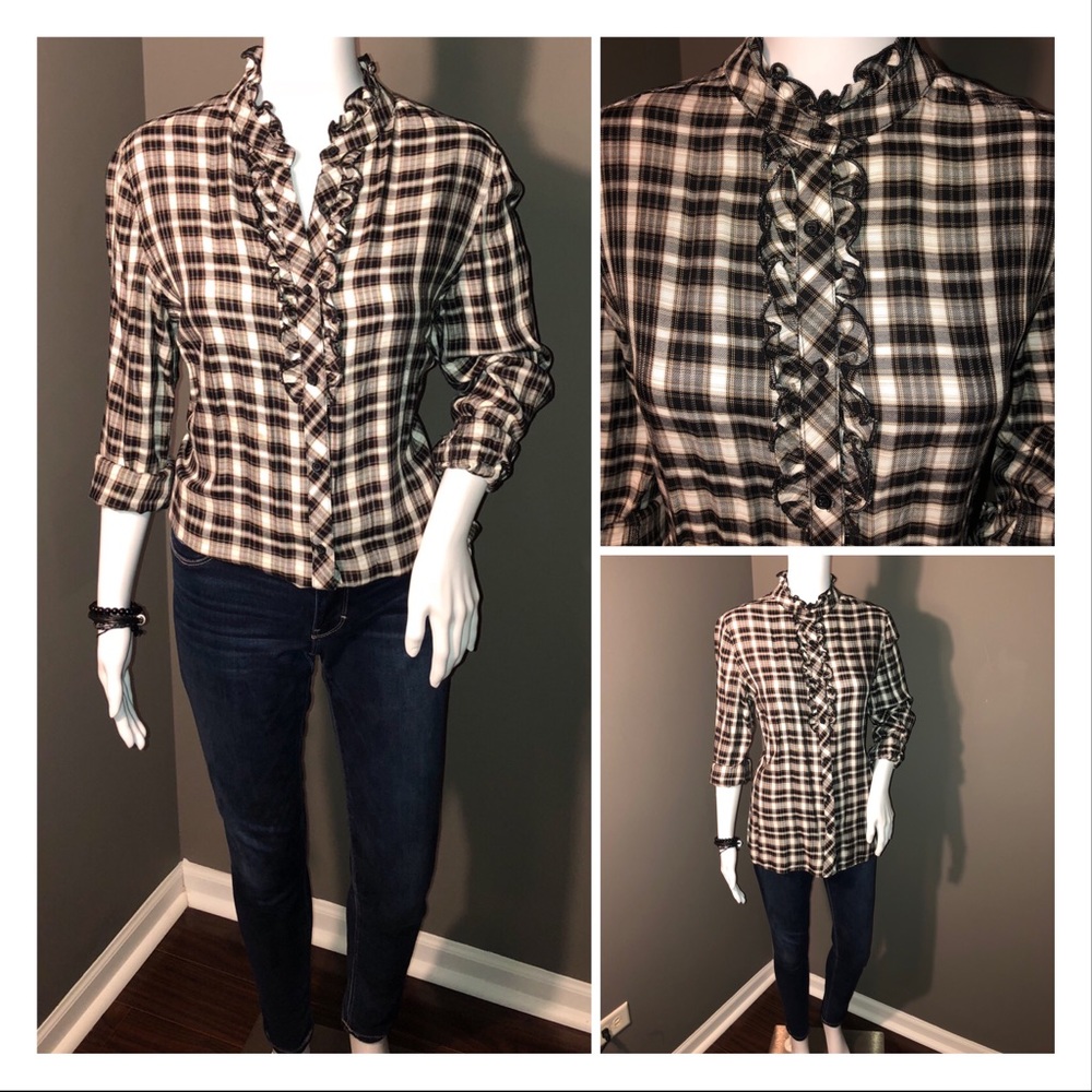 DONATED long sleeve ruffle front plaid button down
